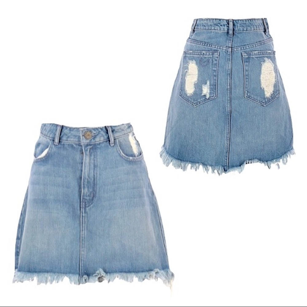 SMYM Mumu Blue Atlanta Distressed Raw Hem A-Line Brook Denim Mini Skirt Size 25